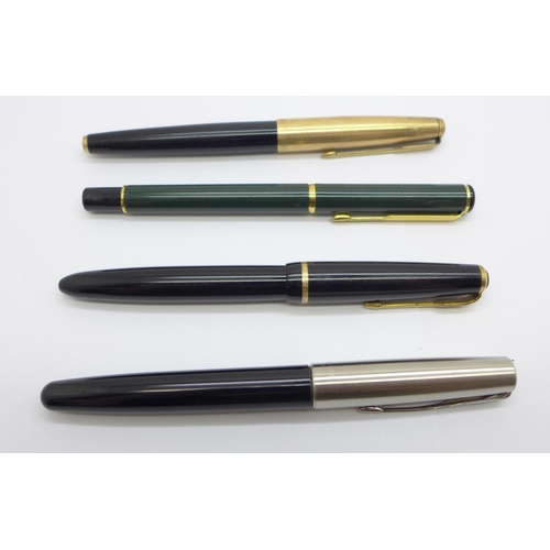 903 - Four Parker fountain pens including 65 and Junior with 14ct gold nibs