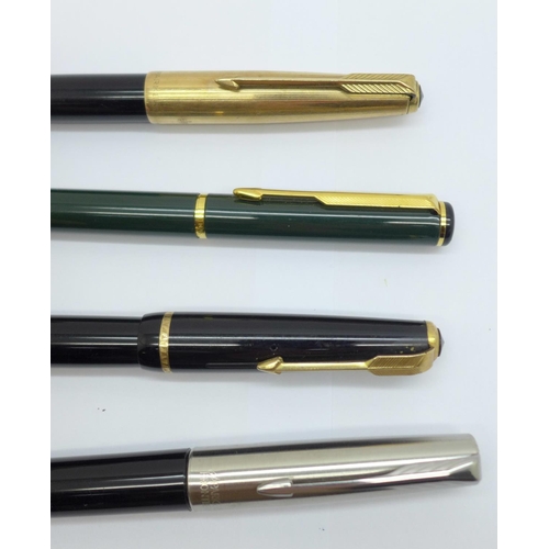 903 - Four Parker fountain pens including 65 and Junior with 14ct gold nibs