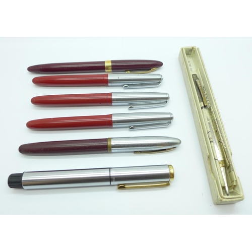 904 - Six fountain pens including three Platignum and one Sheaffer with 14ct gold nibs, and an Eversharp p... 