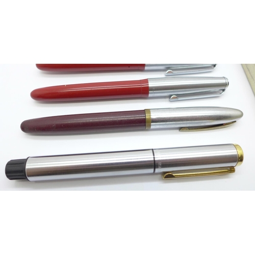 904 - Six fountain pens including three Platignum and one Sheaffer with 14ct gold nibs, and an Eversharp p... 