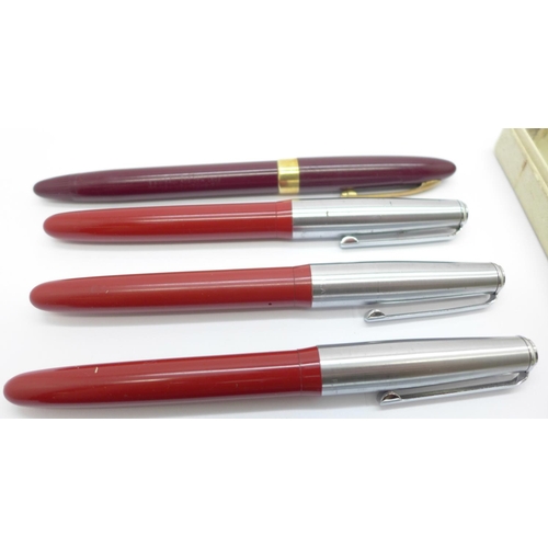 904 - Six fountain pens including three Platignum and one Sheaffer with 14ct gold nibs, and an Eversharp p... 