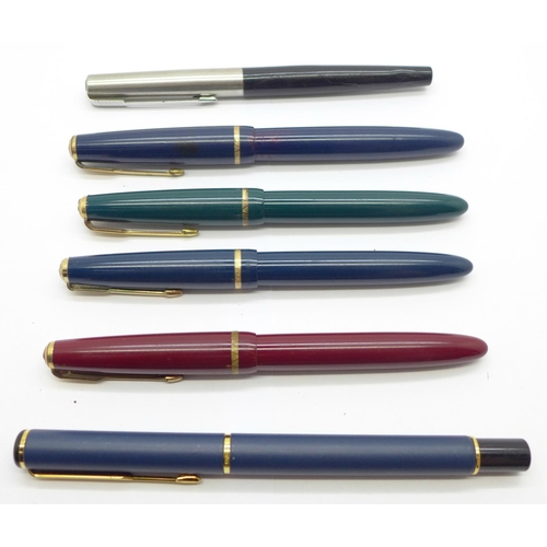 906 - Six Parker fountain pens including four with 14ct gold nibs