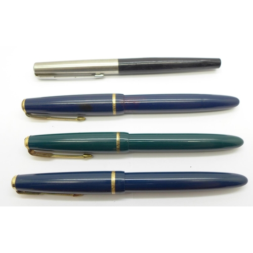 906 - Six Parker fountain pens including four with 14ct gold nibs