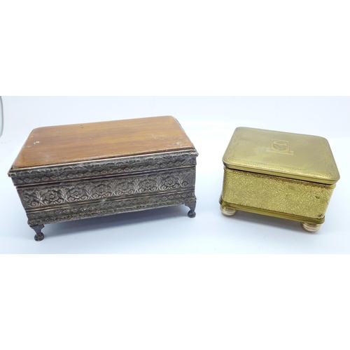 935 - A white metal box with olive wood top and a gilt metal velvet lined box with crest of arms on the li... 