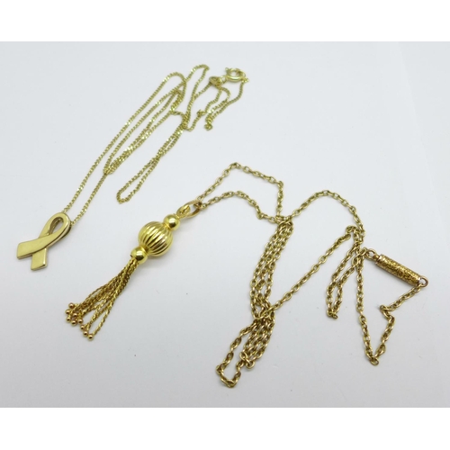 962 - A 9ct gold tassel pendant on a chain and a yellow metal pendant on a 9ct gold chain, (tassel pendant... 