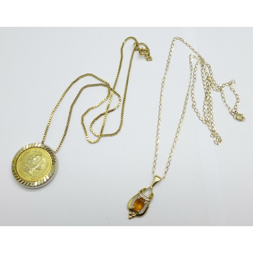 963 - A 9ct gold chain, 3g, and a gold plated Queen Victoria pendant, and a yellow metal and citrine penda... 