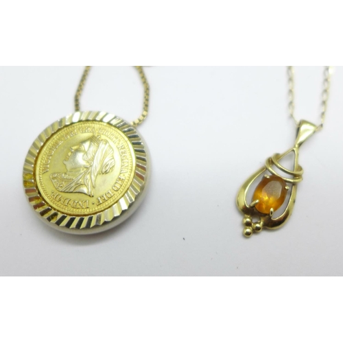 963 - A 9ct gold chain, 3g, and a gold plated Queen Victoria pendant, and a yellow metal and citrine penda... 