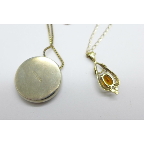 963 - A 9ct gold chain, 3g, and a gold plated Queen Victoria pendant, and a yellow metal and citrine penda... 