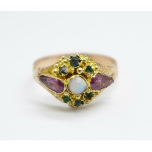 965 - A Victorian yellow metal, white stone, almandine garnet and green stone ring, tests as 9ct gold, 1.7... 