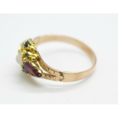 965 - A Victorian yellow metal, white stone, almandine garnet and green stone ring, tests as 9ct gold, 1.7... 