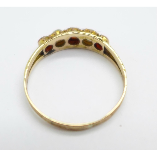 967 - A Victorian yellow metal, coral and pearl five stone ring with partial hallmark for Chester, 1.5g, S... 