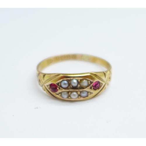 968 - A Victorian 15ct gold, ruby and pearl ring, Chester 1893, 1.3g, Q