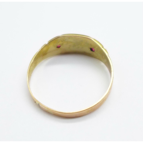 968 - A Victorian 15ct gold, ruby and pearl ring, Chester 1893, 1.3g, Q