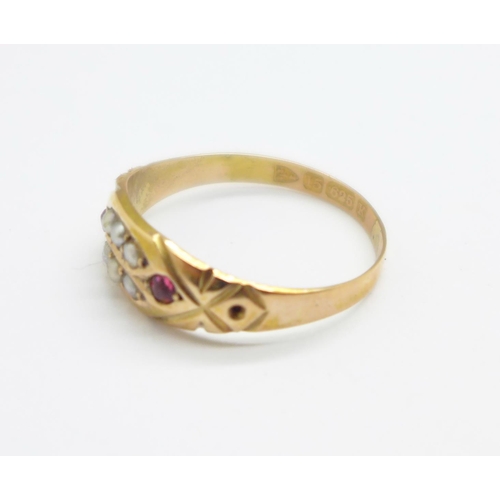 968 - A Victorian 15ct gold, ruby and pearl ring, Chester 1893, 1.3g, Q