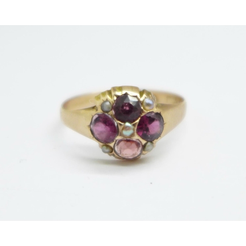 969 - A Victorian 15ct gold, garnet and pearl cluster ring, Birmingham 1869, 1.6g, N