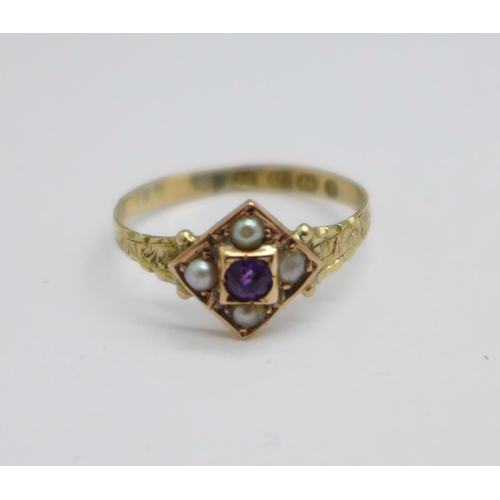 971 - A Victorian 12ct gold, amethyst and pearl ring, Birmingham 1871, 1.5g, P