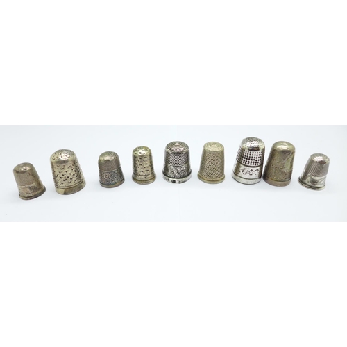 981 - Five silver thimbles including Victorian and five other thimbles, some a/f, (10)