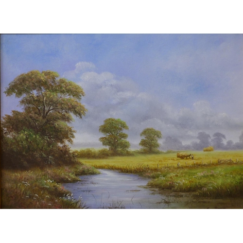 1 - Reg Brown, pair of summer landscapes with a rural path and a stream, oil on canvas, 29 x 39cms, fram... 