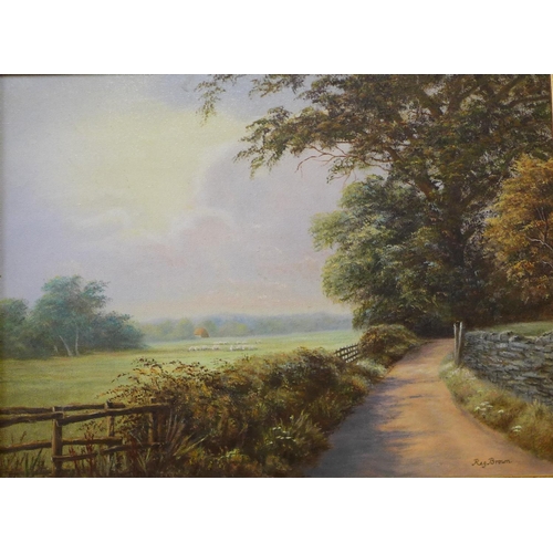 1 - Reg Brown, pair of summer landscapes with a rural path and a stream, oil on canvas, 29 x 39cms, fram... 