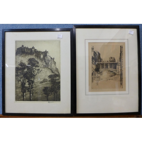 13 - Seven assorted etchings and engravings, framed and three folders of prints and engravings (one conta... 