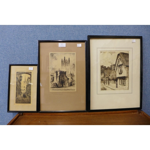 13 - Seven assorted etchings and engravings, framed and three folders of prints and engravings (one conta... 