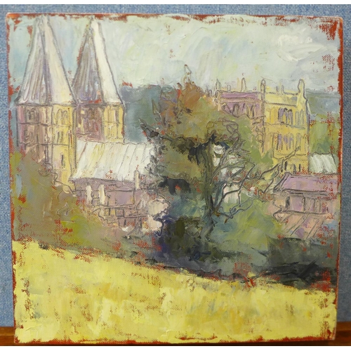 14c - Susan Isaac, view of Southwell Minster, oil on canvas, 31 x 31cms, unframed