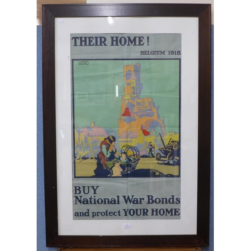 17 - A poster, Their Home, Belgium 1918,  Buy National War Bonds and protect Your Home, 89 x 52cms, frame... 