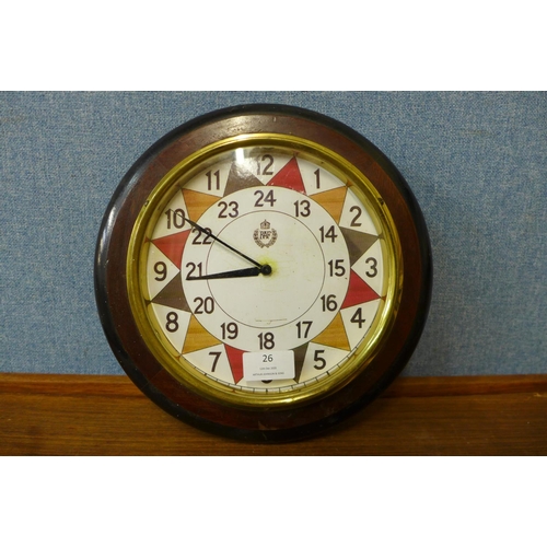 26 - A beech circular wall clock, bearing RAF inscription to dial, 29cms d