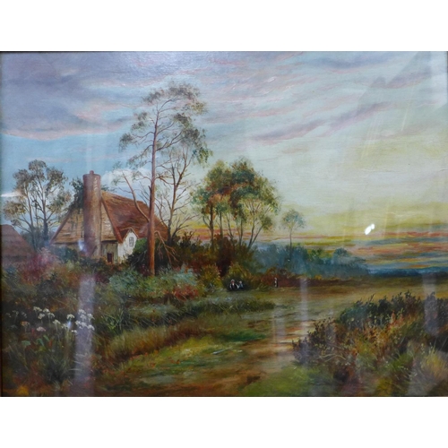 3 - W. Read, pair of rural lansdcapes by a cottage and figures by a church , oil on board, 39 x 50cms, f... 