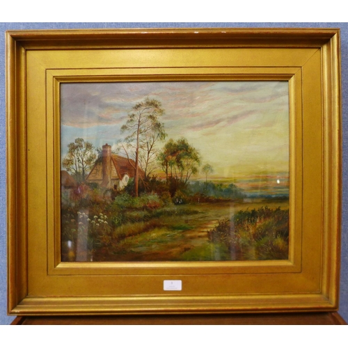 3 - W. Read, pair of rural lansdcapes by a cottage and figures by a church , oil on board, 39 x 50cms, f... 