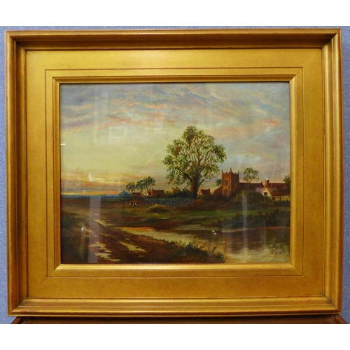 3 - W. Read, pair of rural lansdcapes by a cottage and figures by a church , oil on board, 39 x 50cms, f... 