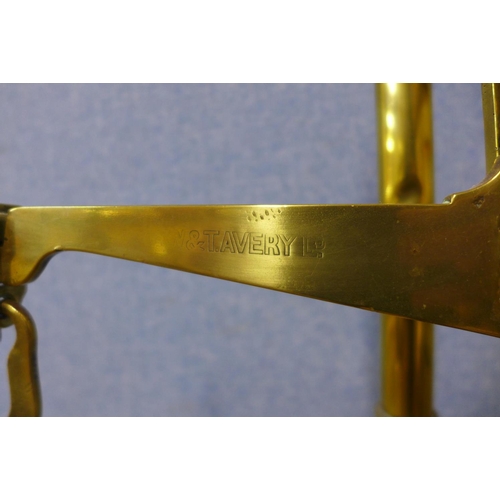 32 - A set of W&T. Avery Ltd. brass balance scales and weights, 60cms h