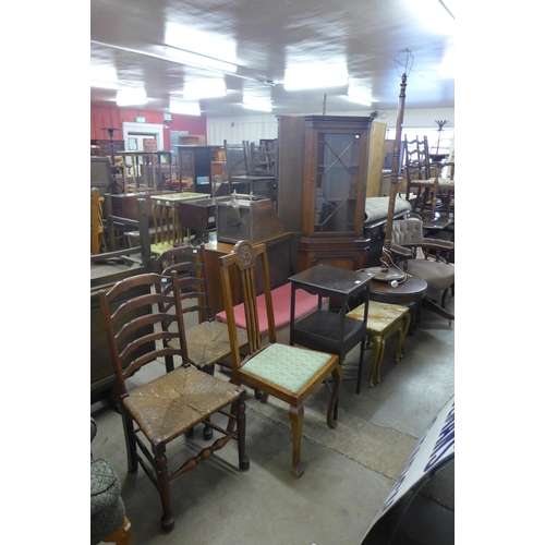 322 - A mahogany freestanding corner cabinet, a pair of chairs, an armchair, standard lamp, etc. (7)