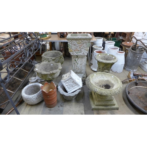 350 - Five concrete garden planters, three small planters and a small chimney pot, some a/f