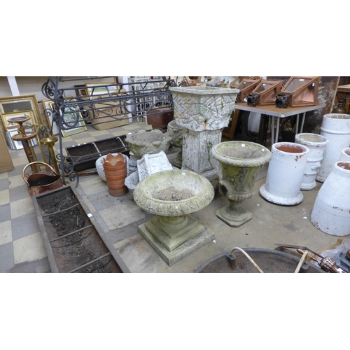 350 - Five concrete garden planters, three small planters and a small chimney pot, some a/f