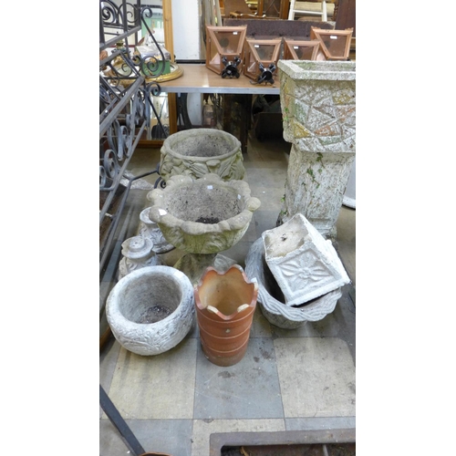 350 - Five concrete garden planters, three small planters and a small chimney pot, some a/f