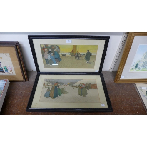 381 - A pair of H. Cassiers prints, Dutch figures on a beach and a winter scene, framed