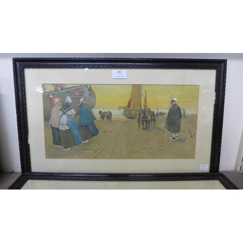 381 - A pair of H. Cassiers prints, Dutch figures on a beach and a winter scene, framed