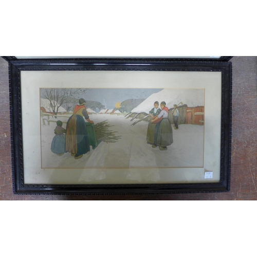 381 - A pair of H. Cassiers prints, Dutch figures on a beach and a winter scene, framed