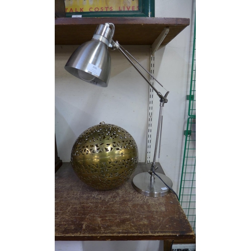 396 - An anglepoise desk lamp and a pierced brass spherical hanging light pendant