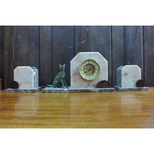 409 - A French Art Deco marble clock garniture