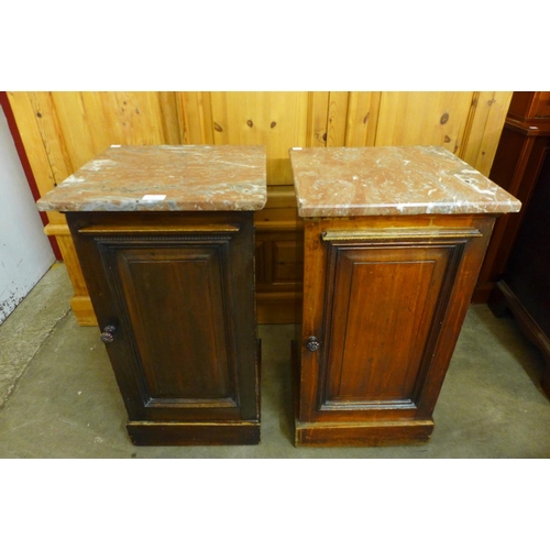 41 - A pair of Victorian mahogany and marble topped pot cupboards, 76cms h, 41cms w, 38cms d