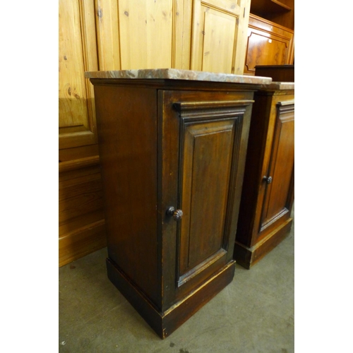 41 - A pair of Victorian mahogany and marble topped pot cupboards, 76cms h, 41cms w, 38cms d