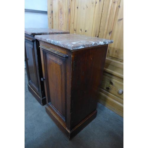 41 - A pair of Victorian mahogany and marble topped pot cupboards, 76cms h, 41cms w, 38cms d