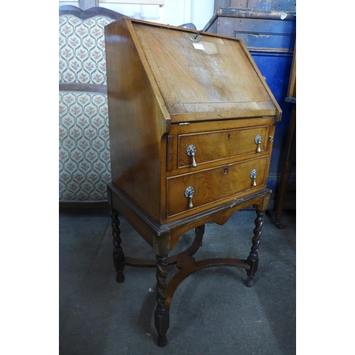 50 - A Queen Anne style walnut barleytwist bureau de dame, 100cms h x 49cms w