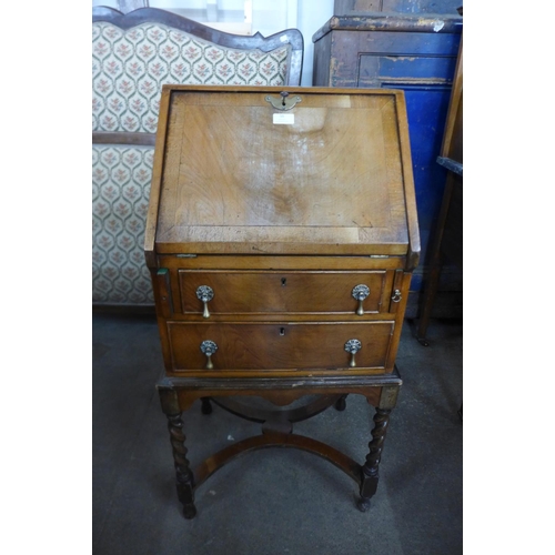 50 - A Queen Anne style walnut barleytwist bureau de dame, 100cms h x 49cms w