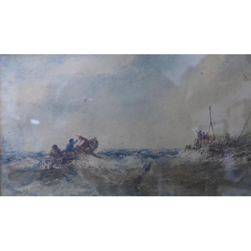 6 - Edwin Hayes (1819-1904), boats in stormy seas, watercolour, 12 x 21cms, framed