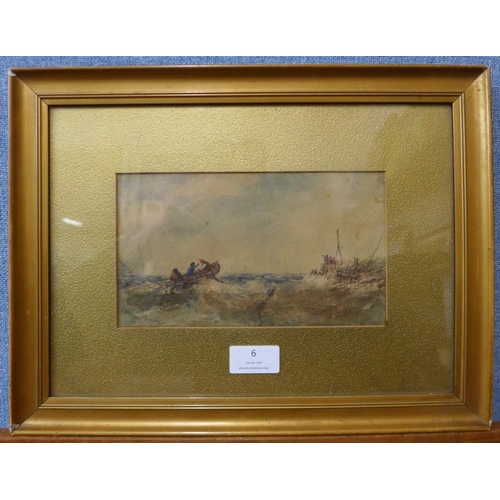 6 - Edwin Hayes (1819-1904), boats in stormy seas, watercolour, 12 x 21cms, framed