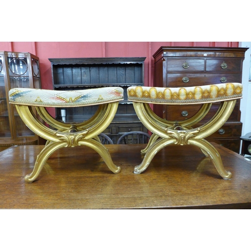 81 - A pair of French Louis XV style gilt wood and upholstered x-frame footstools