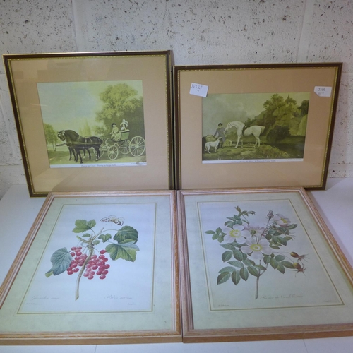 2058 - Pr. of framed George Stubbs horse prints, 2 floral & 1 country scene, Framed signed print 'Trial by ... 